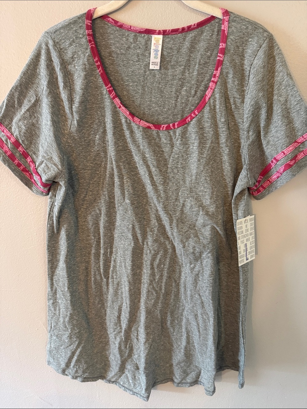 LuLaRoe Heather Gray Tee with Pink Accent Tags